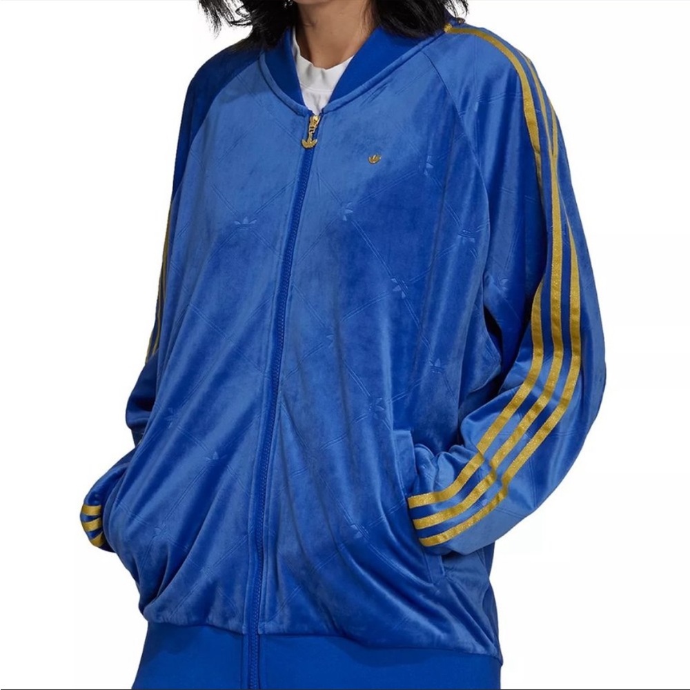 Blue track jacket, velvet with embossed Adidas Originals Monogram & Gold Stripes